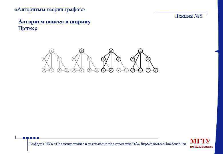  «Алгоритмы теории графов» Алгоритм поиска в ширину Пример Лекция № 8 Кафедра ИУ