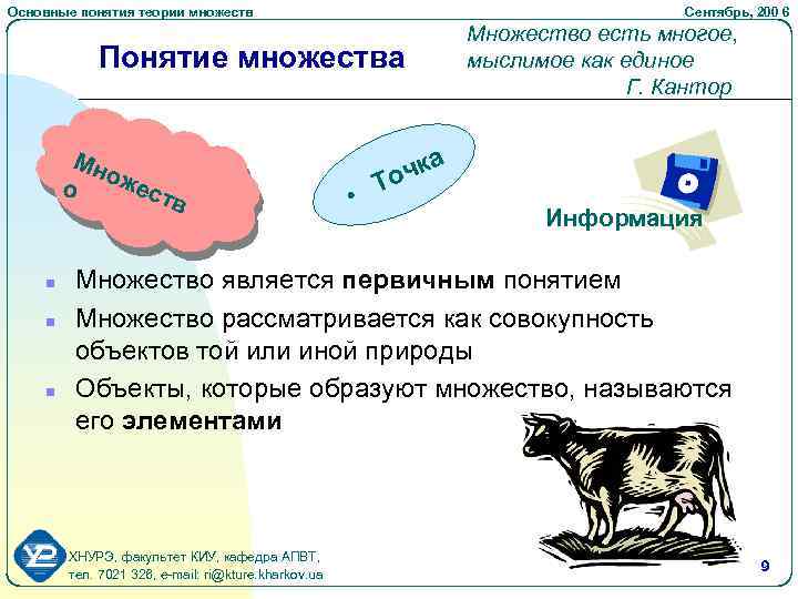 Основные понятия теории множеств Сентябрь, 200 6 Понятие множества Мн ож ест о n