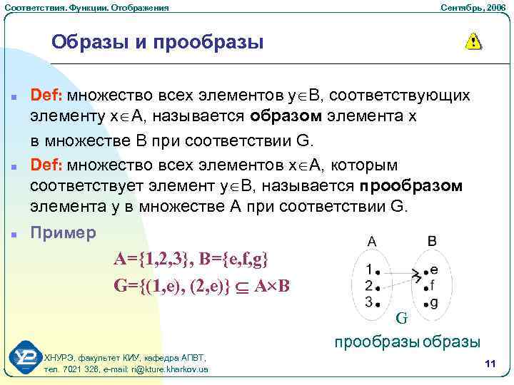 Соответствия. Функции. Отображения Cентябрь, 2006 Образы и прообразы n n n Def: множество всех