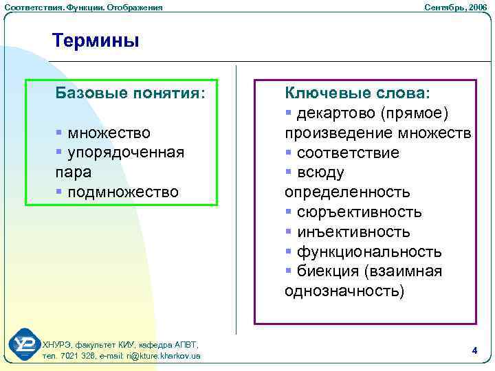 Соответствия. Функции. Отображения Cентябрь, 2006 Термины Базовые понятия: § множество § упорядоченная пара §