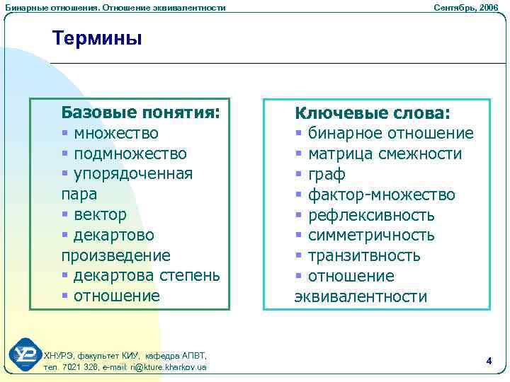 Бинарные отношения. Отношение эквивалентности Сентябрь, 2006 Термины Базовые понятия: § множество § подмножество §