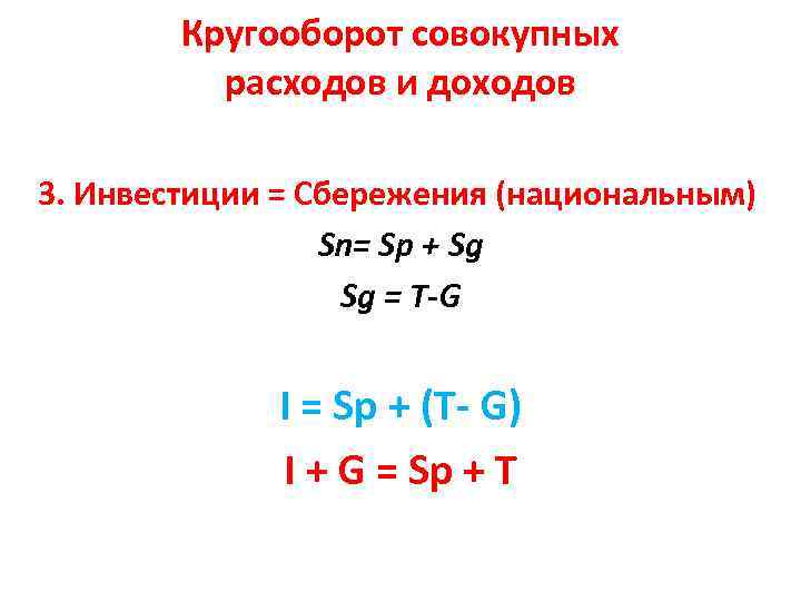 Кругооборот совокупных расходов и доходов 3. Инвестиции = Сбережения (национальным) Sn= Sp + Sg