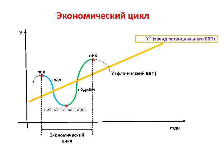 Экономический цикл Y Y ( ٭ тренд потенциального ВВП) пик Y (фактический ВВП) спад