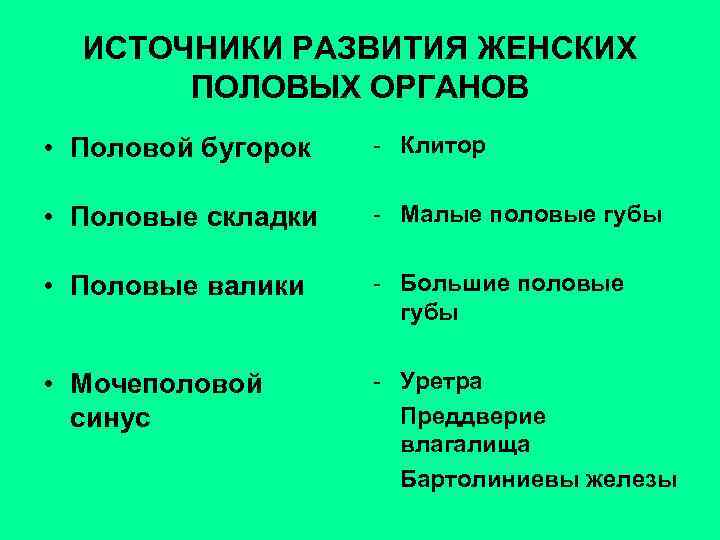 ИСТОЧНИКИ РАЗВИТИЯ ЖЕНСКИХ ПОЛОВЫХ ОРГАНОВ • Половой бугорок - Клитор • Половые складки -