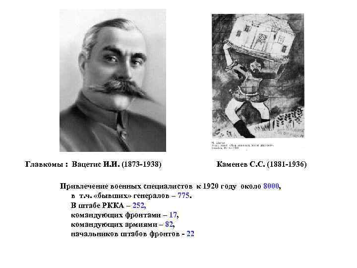  Главкомы : Вацетис И. И. (1873 -1938) Каменев С. С. (1881 -1936) Привлечение