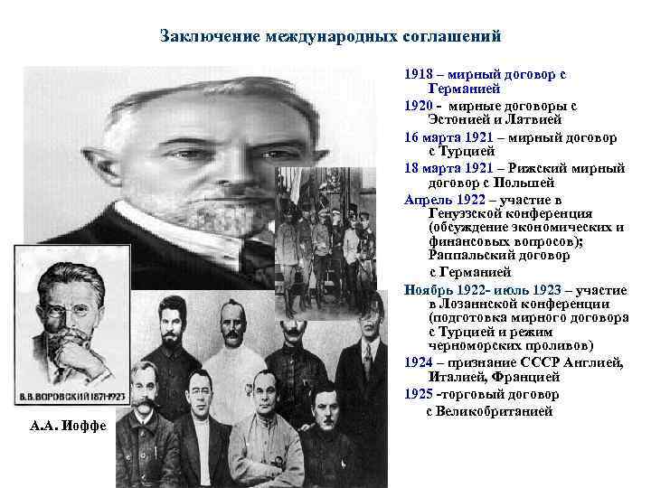 Заключение международных соглашений А. А. Иоффе 1918 – мирный договор с Германией 1920 -