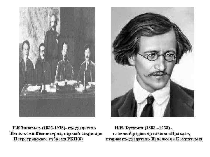  Г. Е Зиновьев (1883 -1936)- председатель Н. И. Бухарин (1888 – 1938) -