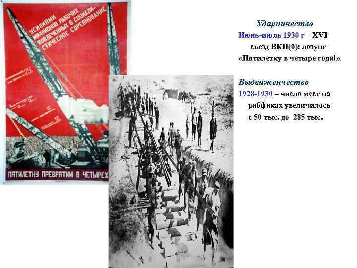 Ударничество Июнь-июль 1930 г – XVI съезд ВКП(б): лозунг «Пятилетку в четыре года!» Выдвиженчество