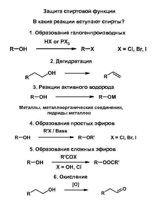 Защита спиртовой функции В какие реакции вступают спирты? 1. Образование галогенпроизводных 2. Дегидратация 3.