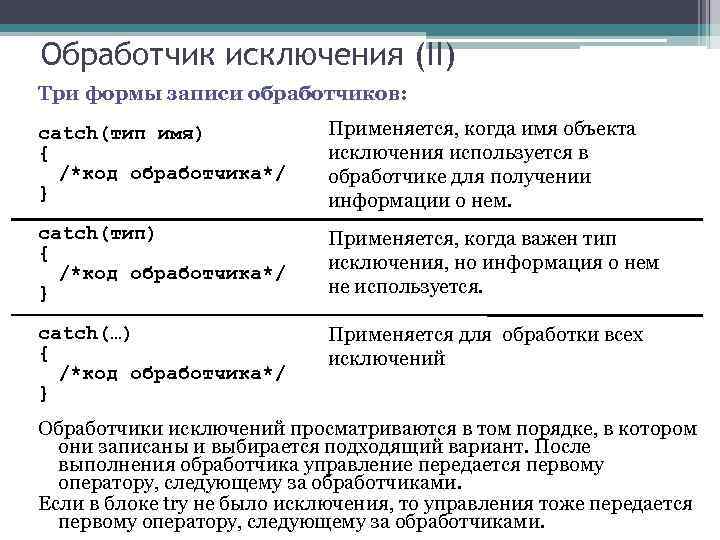 Обработчик исключения (II) Три формы записи обработчиков: catch(тип имя) { /*код обработчика*/ } Применяется,