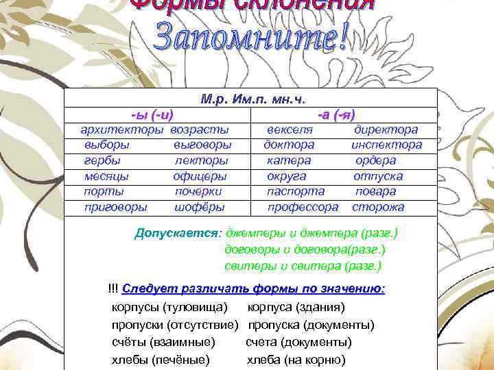 М. р. Им. п. мн. ч. -ы (-и) архитекторы выборы гербы месяцы порты приговоры