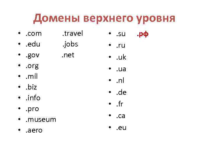 Домены верхнего уровня • • • . com. travel. edu. jobs. gov. net. org.