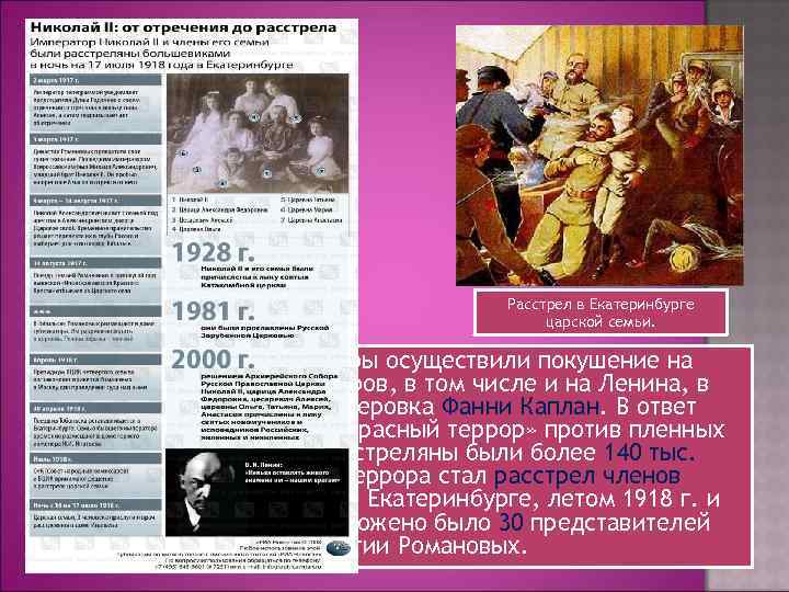 Покушение на Ленина Фанни Каплан. Расстрел в Екатеринбурге царской семьи. 3. Летом 1918 г.