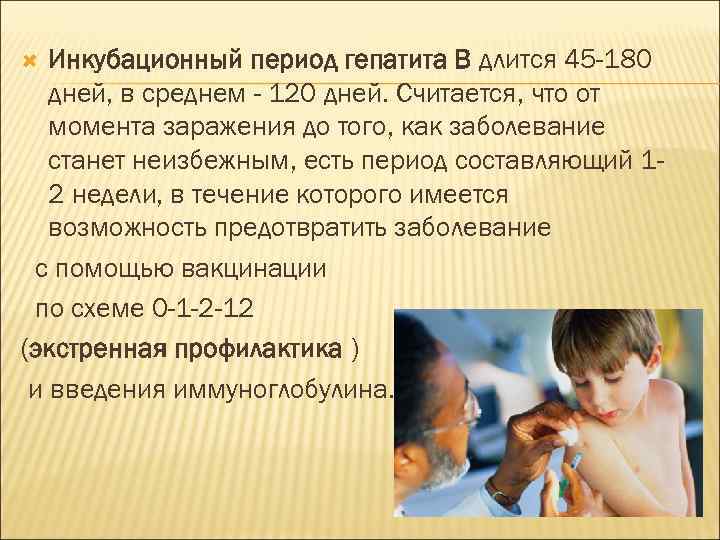 Инкубационный период гепатита В длится 45 -180 дней, в среднем - 120 дней. Считается,