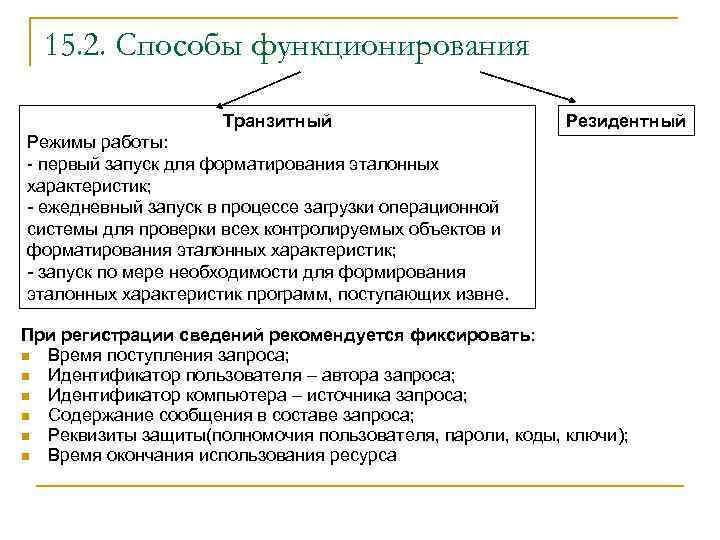15. 2. Способы функционирования Транзитный Резидентный Режимы работы: - первый запуск для форматирования эталонных