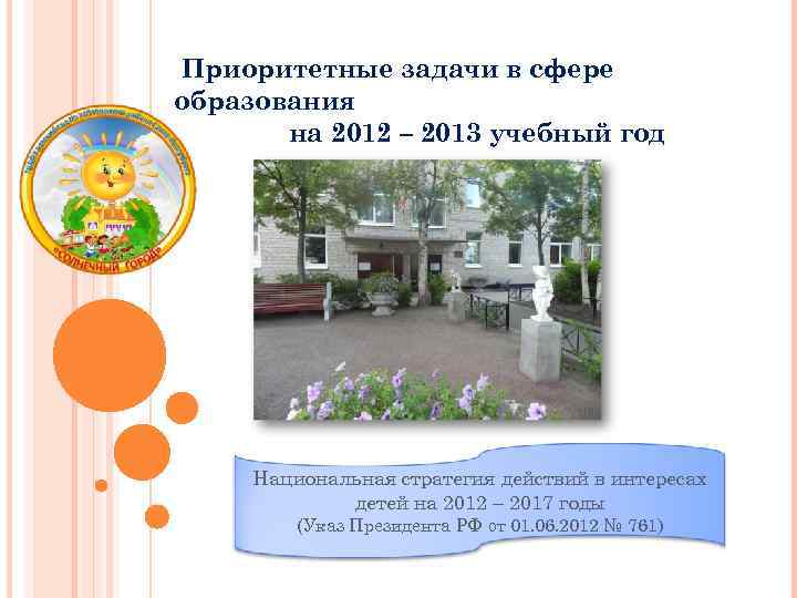 Приоритетные задачи в сфере образования на 2012 – 2013 учебный год Национальная стратегия действий