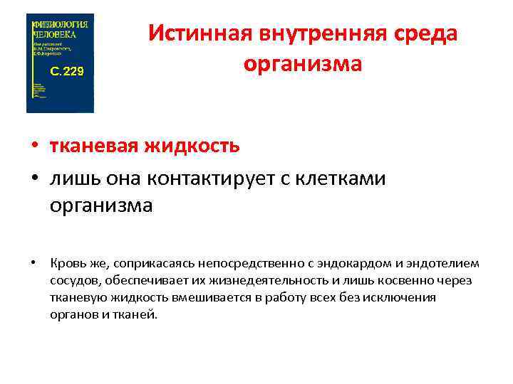 Истинная внутренняя среда организма • тканевая жидкость • лишь она контактирует с клетками организма