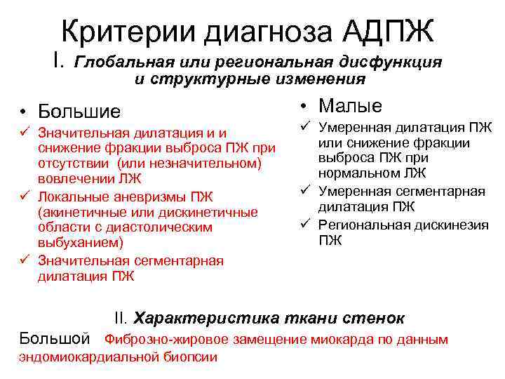 Критерии диагноза АДПЖ I. Глобальная или региональная дисфункция и структурные изменения • Большие ü