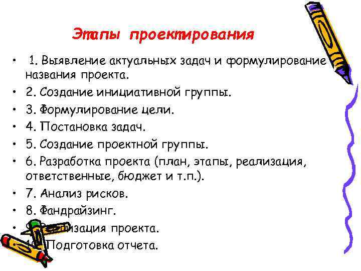 Этапы проектирования • • • 1. Выявление актуальных задач и формулирование названия проекта. 2.