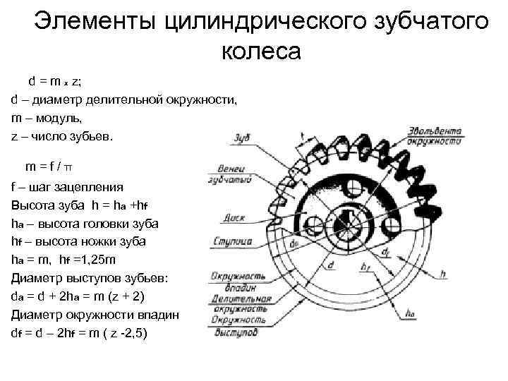 Элементы цилиндрического зубчатого колеса d = m х z; d – диаметр делительной окружности,