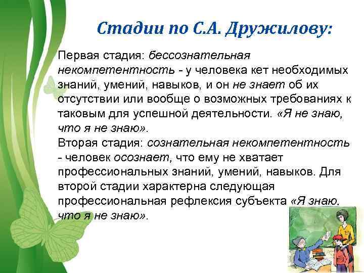 Стадии по С. А. Дружилову: Первая стадия: бессознательная некомпетентность - у человека кет необходимых