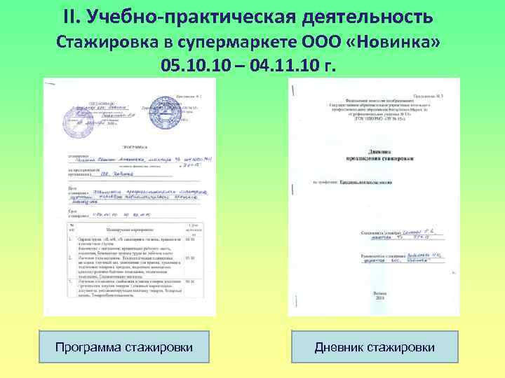 II. Учебно-практическая деятельность Стажировка в супермаркете ООО «Новинка» 05. 10 – 04. 11. 10