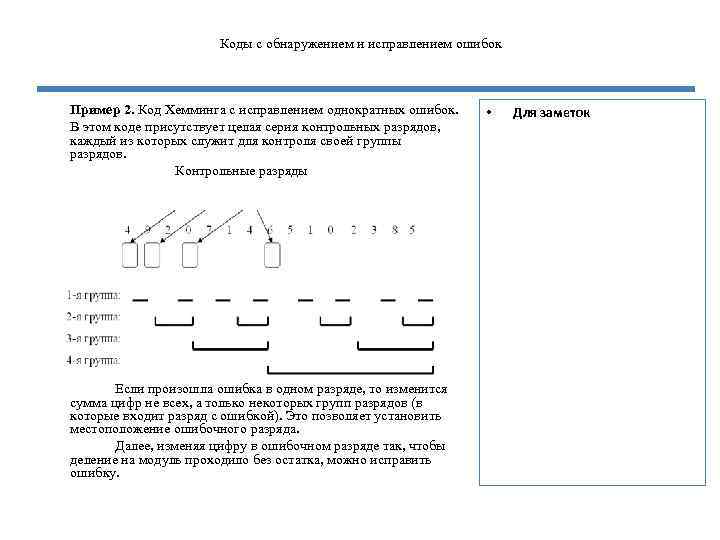 Коды с обнаружением и исправлением ошибок Пример 2. Код Хемминга с исправлением однократных ошибок.