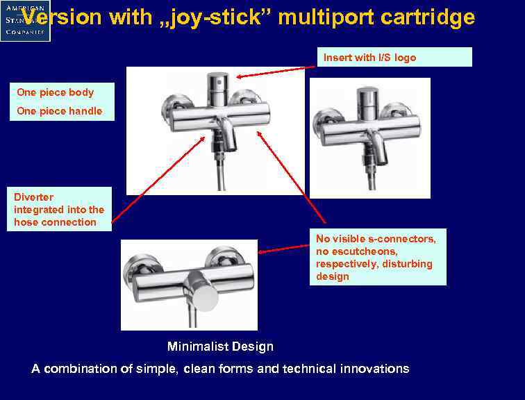 Version with „joy-stick” multiport cartridge Insert with I/S logo One piece body One piece