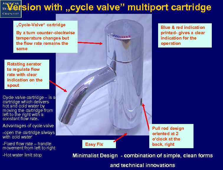 Version with „cycle valve” multiport cartridge „Cycle-Valve“ cartridge Blue & red indication printed- gives