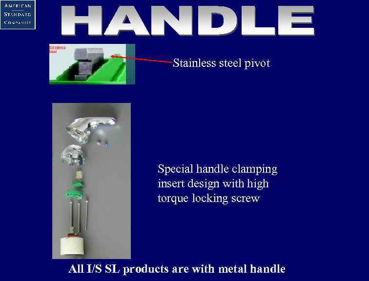 Stainless steel pivot Special handle clamping insert design with high torque locking screw All