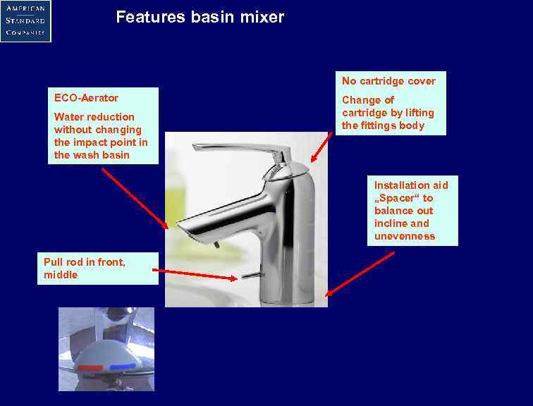 Features basin mixer No cartridge cover ECO-Aerator Water reduction without changing the impact point