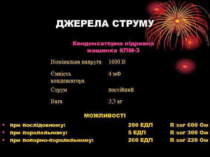 ДЖЕРЕЛА СТРУМУ Конденсаторна підривна машинка КПМ-3 Номінальна напруга 1600 В Ємність конденсатора 4 м.