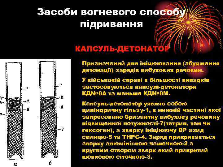 Засоби вогневого способу підривання КАПСУЛЬ-ДЕТОНАТОР Призначений для ініцюювання (збудження детонації) зарядів вибухових речовин. У