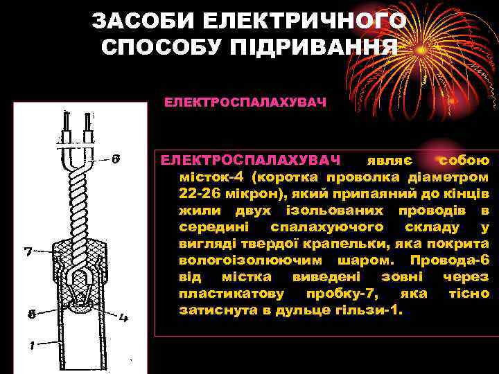 ЗАСОБИ ЕЛЕКТРИЧНОГО СПОСОБУ ПІДРИВАННЯ ЕЛЕКТРОСПАЛАХУВАЧ являє собою місток-4 (коротка проволка діаметром 22 -26 мікрон),