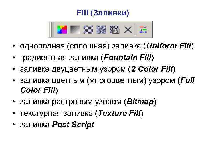 Fill (Заливки) • • однородная (сплошная) заливка (Uniform Fill) градиентная заливка (Fountain Fill) заливка