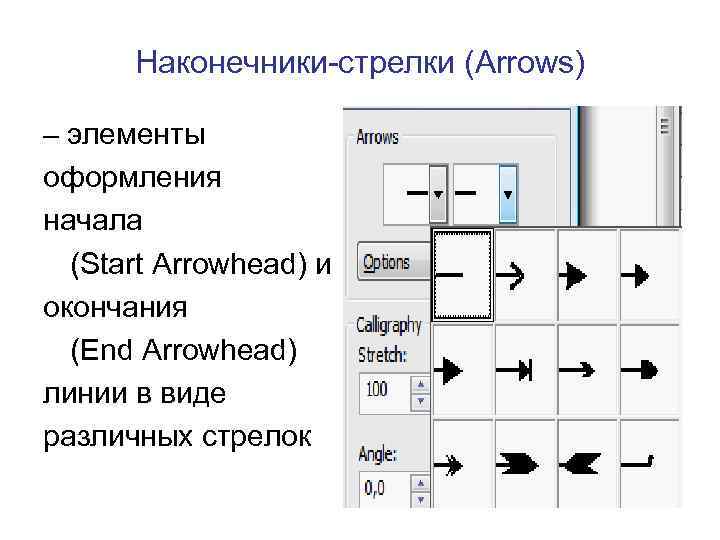 Наконечники-стрелки (Arrows) – элементы оформления начала (Start Arrowhead) и окончания (End Arrowhead) линии в