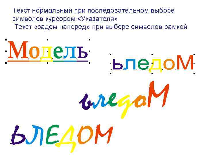 Текст нормальный при последовательном выборе символов курсором «Указателя» Текст «задом наперед» при выборе символов