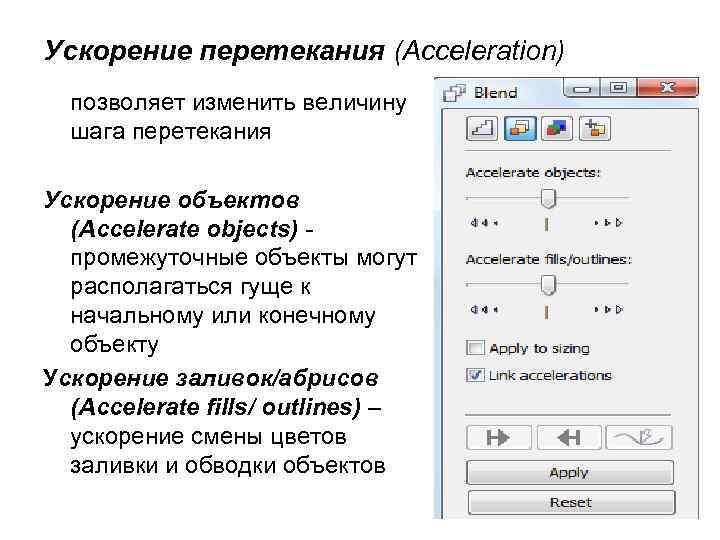 Ускорение перетекания (Acceleration) позволяет изменить величину шага перетекания Ускорение объектов (Accelerate objects) промежуточные объекты
