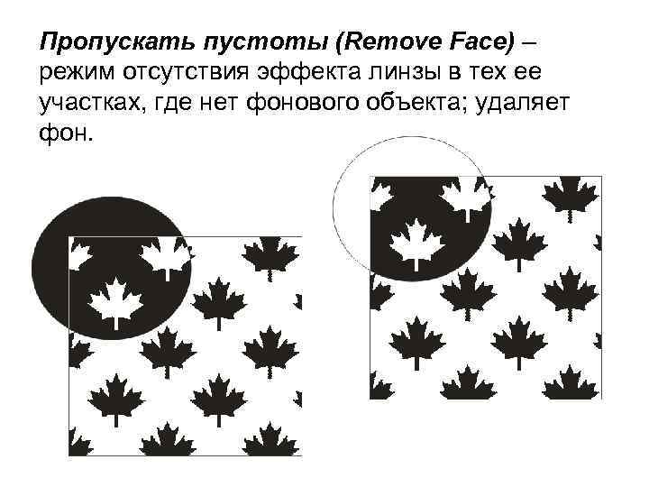 Пропускать пустоты (Remove Face) – режим отсутствия эффекта линзы в тех ее участках, где