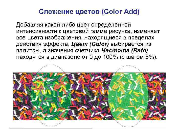 Сложение цветов (Color Add) Добавляя какой-либо цвет определенной интенсивности к цветовой гамме рисунка, изменяет