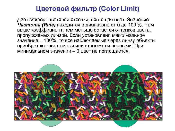 Цветовой фильтр (Color Limit) Дает эффект цветовой отсечки, поглощая цвет. Значение Частота (Rate) находится