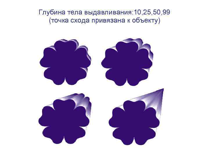 Глубина тела выдавливания: 10, 25, 50, 99 (точка схода привязана к объекту) 