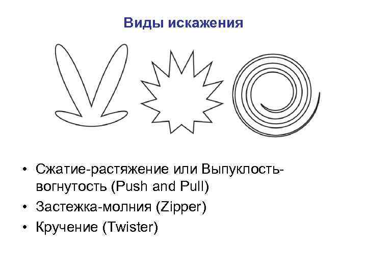 Виды искажения • Сжатие-растяжение или Выпуклостьвогнутость (Push and Pull) • Застежка-молния (Zipper) • Кручение