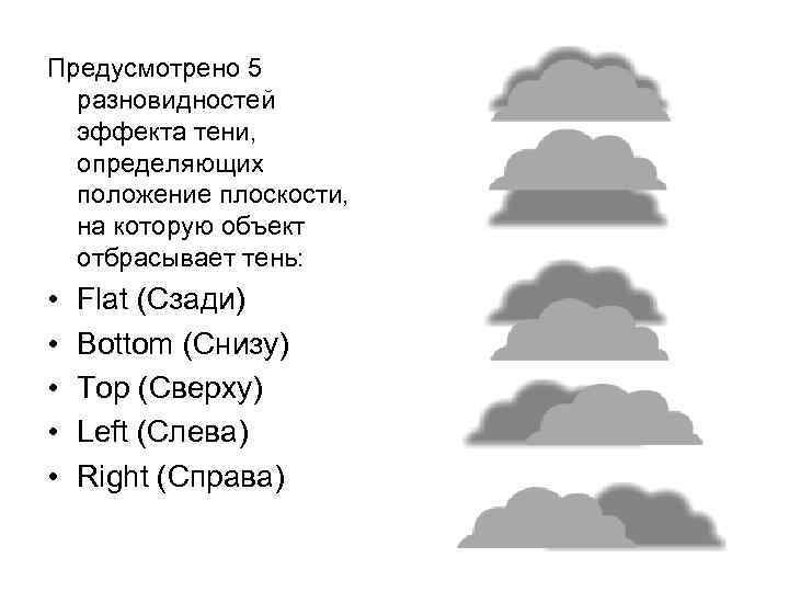 Предусмотрено 5 разновидностей эффекта тени, определяющих положение плоскости, на которую объект отбрасывает тень: •