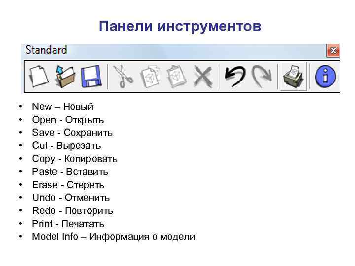 Панели инструментов • • • New – Новый Open - Открыть Save - Сохранить
