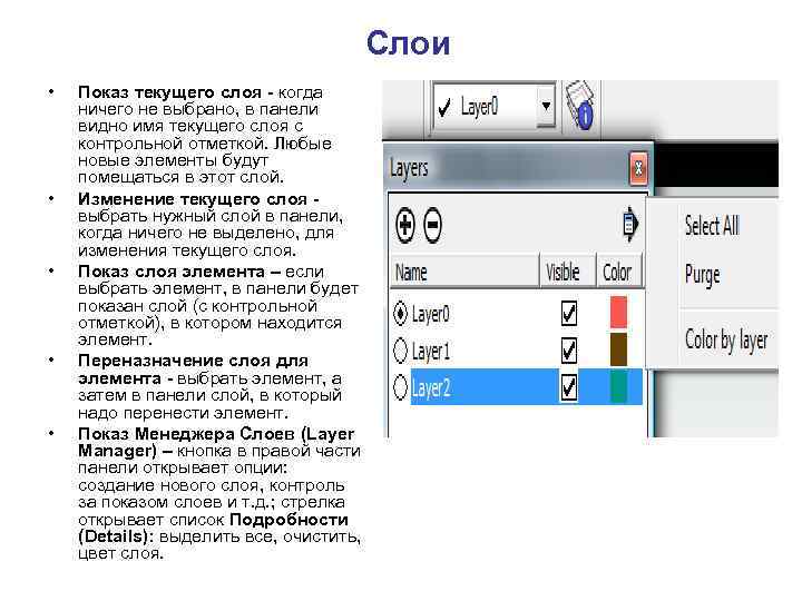 Слои • • • Показ текущего слоя - когда ничего не выбрано, в панели