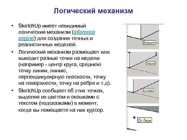 Логический механизм • Sketch. Up имеет невидимый логический механизм (inference engine) для создания точных