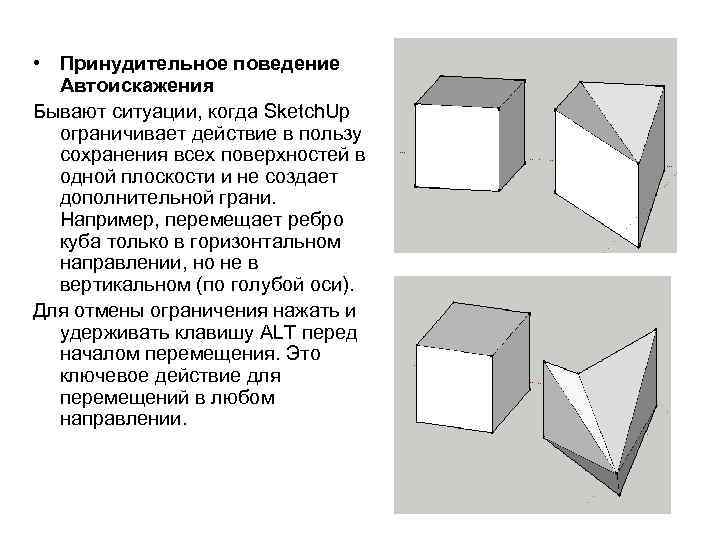  • Принудительное поведение Автоискажения Бывают ситуации, когда Sketch. Up ограничивает действие в пользу