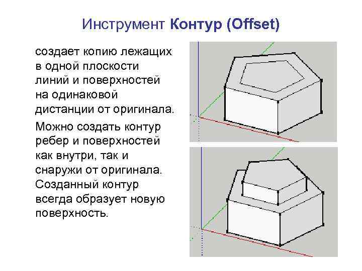 Инструмент Контур (Offset) создает копию лежащих в одной плоскости линий и поверхностей на одинаковой