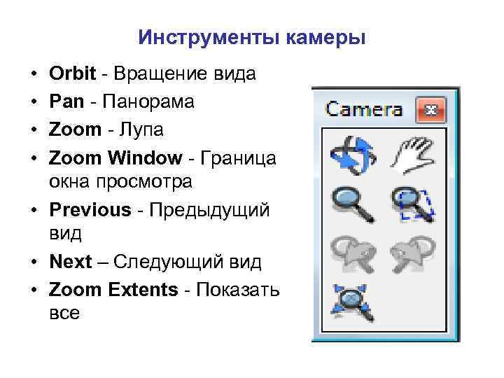 Инструменты камеры • • Orbit - Вращение вида Pan - Панорама Zoom - Лупа